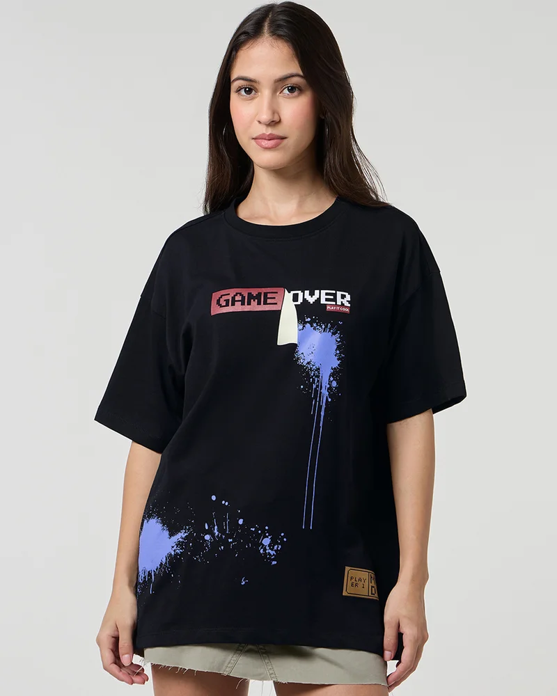 بيواكوف Women's Jet Black Play It Cool Graphic Printed Oversized T-shirt